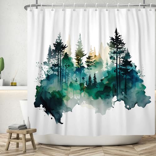 SDOTPMT 180x198cm Tinte Malerei Wald Duschvorhang Grün Weiß Ombre Gradient Badewanne Vorhang Rustikale Natur Landschaft Bad Vorhang für Kinder Badezimmer Dekor Polyester mit Haken von SDOTPMT