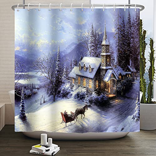 SDOTPMT 180x198cm Winter Feiertag Verschneit Szenerie Duschvorhang Land Burg Schneeflocken Kiefer Baum Badevorhang Weihnachten Thema Bauernhaus Dusche Vorhang für Badezimmer Polyester mit Haken von SDOTPMT