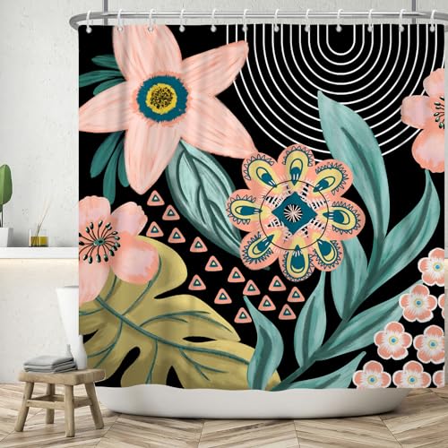 SDOTPMT 180x213cm Boho Floral Duschvorhang Rosa Pflanzenblumen Abstrakte Blätter Weißer Bogen Bad Vorhang Rustikaler Bauernhof Schwarzer Badewanne Vorhang für Mädchen Badezimmer Dekor mit Haken von SDOTPMT