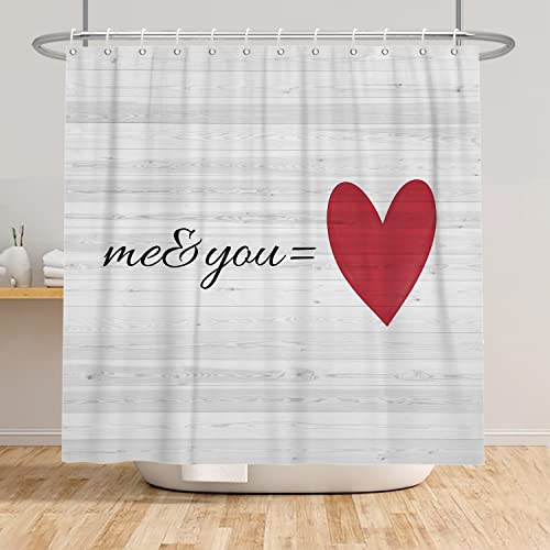 SDOTPMT 180x213cm Ich & Du Valentinstag Duschvorhang Niedlich Romantisch Rot Liebe Herz Muster Ländlich WhitWooden Board Badezimmervorhang für Fest Feiertag Badewannen Toilette Dekor Set mit Haken von SDOTPMT