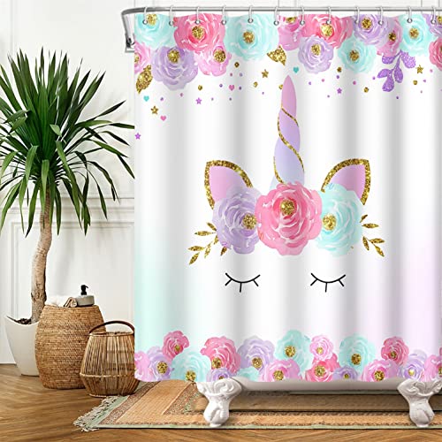 SDOTPMT 180x213cm Süß Einhorn Duschvorhang Karikatur Einhorn Magie Kopf Golden Pulver Blume Badevorhang Weiß Hintergrund Badewannenvorhang für Kinder Badezimmer Polyester Wasserdicht mit Haken SDOTPMT 180x213cm Süß Einhorn Duschvorhang Karikatur Einhorn Magie Kopf Golden Pulver Blume Badevorhang Weiß Hintergrund Badewannenvorhang für Kinder Badezimmer Polyester Wasserdicht mit Haken von SDOTPMT