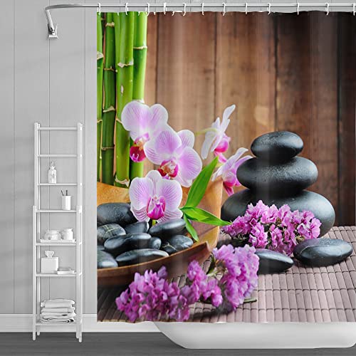 SDOTPMT 180x213cm Zen Spa Duschvorhang Bambus Orchidee Blume Basalt Steine Anlage Blatt Blumen Badevorhang Wasser Therapie Meditation Badewannenvorhang für Kinder Badezimmer Polyester mit Haken von SDOTPMT