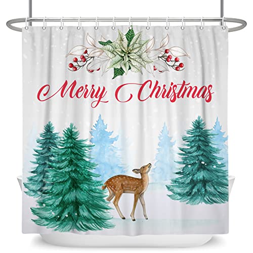 SDOTPMT 180x243cm Fröhlich Weihnachten Duschvorhang Grün Weihnachten Baum Laub Blume Weiß Badevorhang Süß REH Winter Schneewehe Badewannenvorhang für Badezimmer Polyester Wasserdicht mit Haken von SDOTPMT