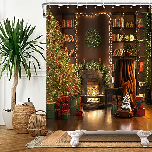 SDOTPMT 180x243cm Frohe Weihnachten Duschvorhang Weihnachtsbaum Kamin Geschenk Badevorhang Jahrgang Buch Regal Winter Ferien Kiefer Blatt Badewannenvorhang für Badezimmer Polyester mit Haken von SDOTPMT