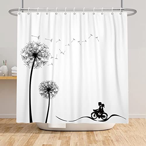 SDOTPMT 180x243cm Löwenzahn Duschvorhang Fliegen Löwenzahn Weiß Hintergrund Badevorhang Kinder Fahrradfahren Silhouette Romanze Badewannenvorhang für Badezimmer Polyester Wasserdicht mit Haken von SDOTPMT