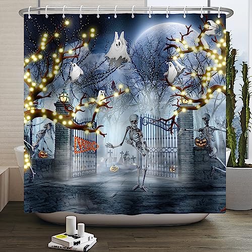 SDOTPMT 180x243cm Lustiger Schädel Duschvorhang Scary Night Moon Gothic Haunted House Kürbis Hof Tür Bad Vorhang Halloween Thema Badewanne Vorhang für Badezimmer Dekor mit Haken von SDOTPMT