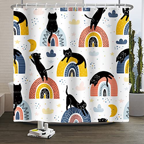 SDOTPMT 180x243cm Nette Cartoon Tier Duschvorhang Schwarze Katze Bunte Regenbogen Bad Vorhang Lustige Haustiere Thema Badewanne Vorhang für Kinder Badezimmer Dekor mit Haken von SDOTPMT