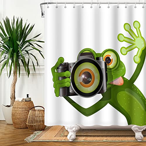 SDOTPMT 180x243cm Niedlich Komisch Frosch Duschvorhang Fotograf Frosch Größer Auge Fotografieren Badevorhang Tier Weiß Badewannenvorhang für Kinder Badezimmer Polyester Wasserdicht mit Haken von SDOTPMT