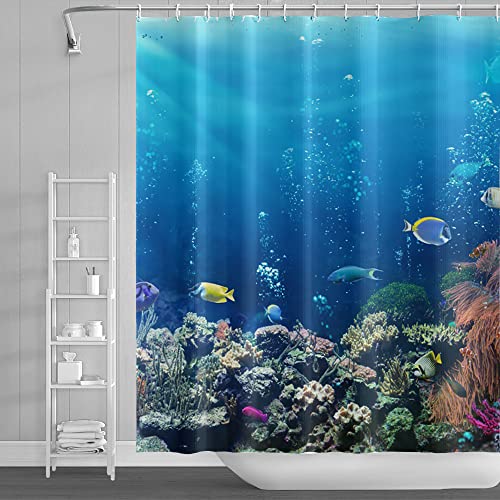 SDOTPMT 180x243cm Ozean Tropisch Fische Duschvorhang Unterwasser Meer Tier Koralle Riff Badevorhang Sommer Blau Ozean Badewannenvorhang für Kinder Badezimmer Stoff Polyester Wasserdicht mit Haken von SDOTPMT