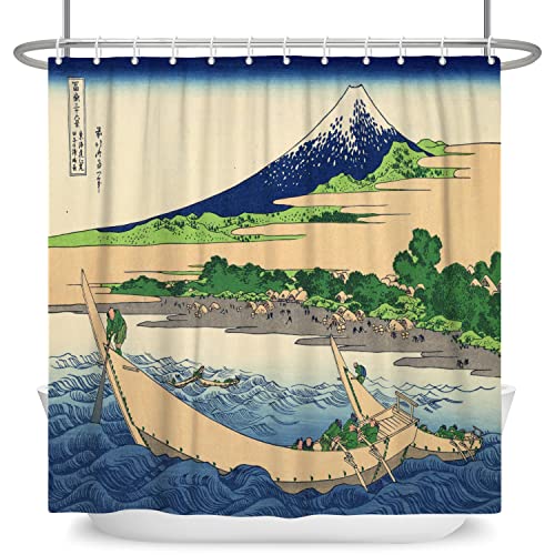 SDOTPMT 180x243cm Ukiyo-e Montieren Fuji Landschaft Duschvorhang Japanisch Ozean Wellen Holz Boot Hütte Badevorhang Orient Ethnisch Animes Badewannenvorhang für Badezimmer Polyester mit Haken von SDOTPMT