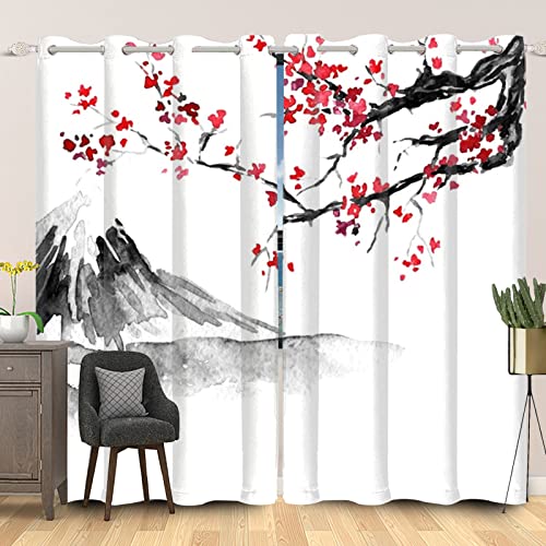 SDOTPMT 53x160cm Japanisch Tuschemalerei Fenstervorhang Rot Kirsche Blüte Berg Fenstervorhänge Orientalisch Traditionell Blickdichte Vorhänge für Wohnzimmer Verdunkelung Vorhänge, 2 Stücke von SDOTPMT
