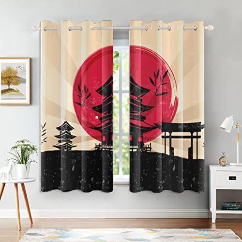 SDOTPMT 66x160 cm Retro Japan Temple Window Curtain Red Sun Asian Asian Building Landscape Ukiyo-E Theme Window Treatment Thermal Insulated for Bedroom, 2 Pieces von SDOTPMT