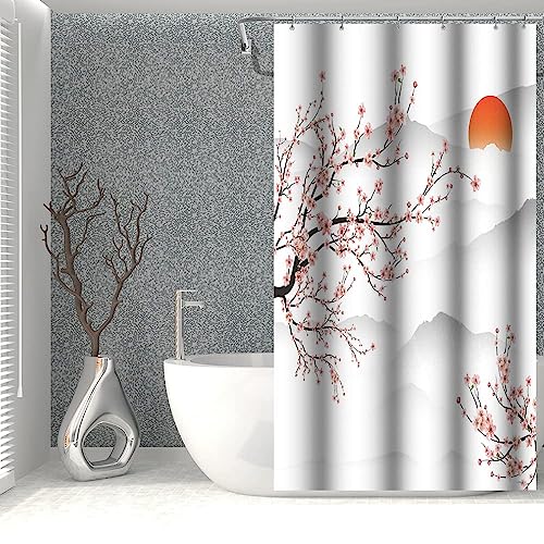 SDOTPMT 90x180cm Asiatische Kirschblüte Duschvorhang Japanische Mount Fuji Pfirsichblüte Zweig Badewanne Vorhang Sonnenaufgangsnebel Badezimmervorhang für Badezimmer Dekor Stoff von SDOTPMT