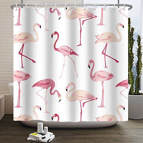 SDOTPMT 90x180cm Flamingo Duschvorhang Meer Strand Rosa Süß Vögeltropisch Kreaturen Exotisch Hipster Entwurf Einfarbig Weiß Badevorhang zum Modern Badezimmer Dusche Badewanne WC mit Haken von SDOTPMT