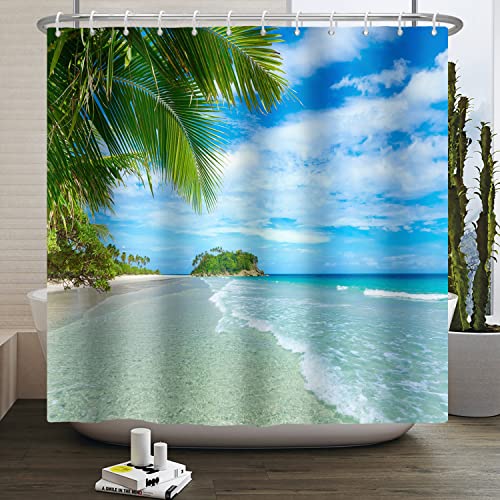 SDOTPMT 90x180cm Ocean Beach Duschvorhang Blauer Himmel Tropischer Sonnenschein Sand Sea Wave Plam Bäume Badevorhang Schöne Küstenszene Stoff Wasserdicht Polyester Badezimmervorhang mit Haken von SDOTPMT