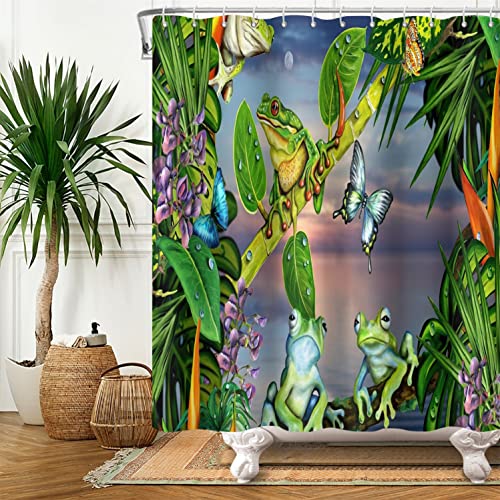 SDOTPMT 90x183cm Frosch Duschvorhang Schmetterling Niedlich Komisch Tier Grün Laub Blume Badevorhang Sommer Wald Natürlich Landschaft Badewannenvorhang für Kinder Badezimmer Polyester mit Haken von SDOTPMT