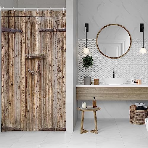 SDOTPMT 90x183cm Holz Planke Duschvorhang Jahrgang Braun Scheune Tür Badevorhang Holz Rustikal Boden Bauernhaus Ländlich Landschaft Badewanne Vorhang Polyester für Badezimmer Badevorhang mit Haken von SDOTPMT