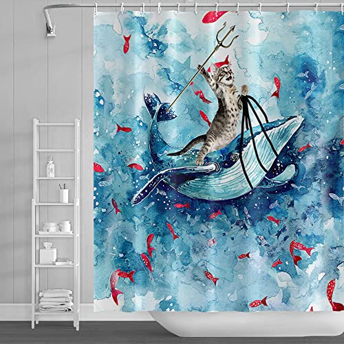 SDOTPMT 90x183cm Komisch Katze Duschvorhang Süß Katze Reiten Wal Ozean Welle Badevorhang Karikatur Rot Fische Blau Badewanne Vorhang Stoff Wasserdicht für Badezimmer Badevorhang mit Haken von SDOTPMT