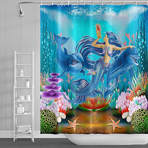 SDOTPMT 90x183cm Meerjungfrau Wal Duschvorhang Marine Tier Seetang Koralle Riff Seestern Badevorhang Unterwasser Seestück Badewannenvorhang für Kinder Badezimmer Polyester Wasserdicht mit Haken von SDOTPMT