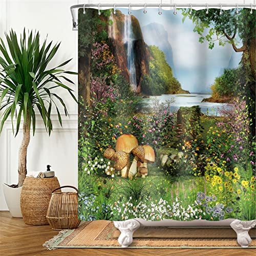 SDOTPMT 90x183cm Natürlich Landschaft Duschvorhang Wasserfall Magie Wald Pilz Märchen Badevorhang Blume Grün Grünland Badewannenvorhang für Badezimmer Polyester mit Haken von SDOTPMT