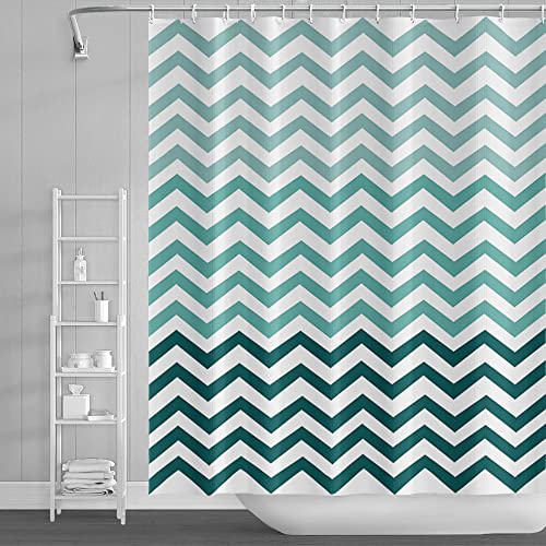 SDOTPMT 90x183cm Welle Streifen Duschvorhang Grün Weiß Gradient Horizontal Wellenförmig Zickzack Badevorhang Abstrakt Geometrisch Badewannenvorhang für Kinder Badezimmer Polyester mit Haken von SDOTPMT