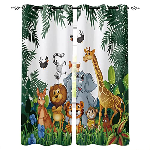 SDSONIU Tropische Dschungel-Cartoon-Tier-Giraffenlöwe Lion Elefant Vorhang für Kinder Schlafzimmer Wohnzimmer Kindervorhänge Blickdichte Gardinen Verdunkelungsvorhang 140 x 160 cm von SDSONIU