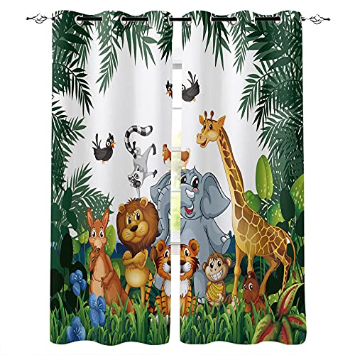 SDSONIU Tropische Dschungel-Cartoon-Tier-Giraffenlöwe Lion Elefant Vorhang für Kinder Schlafzimmer Wohnzimmer Kindervorhänge Vorhang Blickdicht - Fenster-Behandlung 150 x 166 cm von SDSONIU