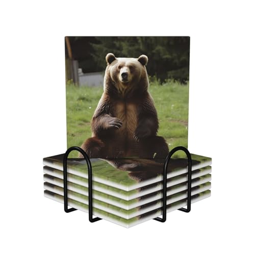 Getränkeuntersetzer mit Halter, saugfähige Kaffeetassenmatte, dekorativer Bar-Untersetzer mit Korkrückseite, Untersetzer für Getränke, Hi Bear Sitzen auf dem Rasen, Keramik-Tischuntersetzer-Set für von SDTYKHJ