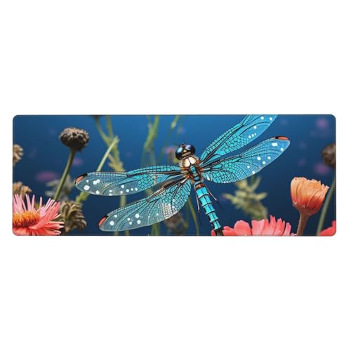Großes Mauspad, Schreibtischunterlage, wasserdicht, Libelle und Blume, Gaming-Mauspad mit genähten Kanten, 80 x 30 cm, rutschfeste Schreibtischunterlage für den Schreibtisch, Schreibunterlage für Büro von SDTYKHJ