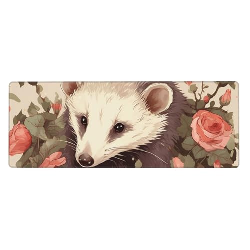 Großes Mauspad, Schreibtischunterlage, wasserdicht, Opossum und Rosen, Gaming-Mauspad mit genähten Kanten, 80 x 30 cm, rutschfeste Schreibtischunterlage für den Schreibtisch für Büro von SDTYKHJ