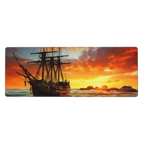 Großes Mauspad, Schreibtischunterlage, wasserdicht, Piratenschiff im Sonnenuntergang, Gaming-Mauspad mit genähten Kanten, 80 x 30 cm, rutschfeste Schreibtischunterlage für Schreibtisch von SDTYKHJ