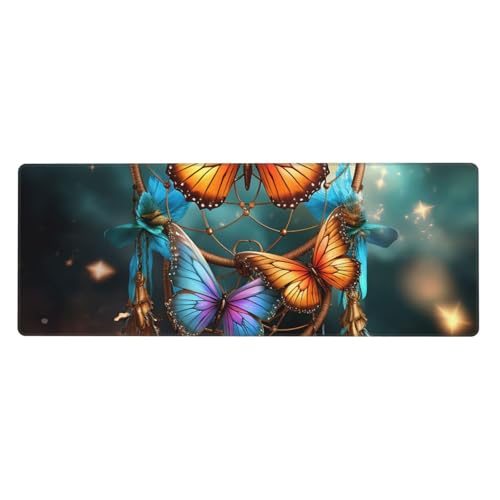 Großes Mauspad, Schreibtischunterlage, wasserdicht, Traumfänger, Schmetterling, Gaming-Mauspad mit genähten Kanten, 80 x 30 cm, rutschfeste Schreibtischunterlage für Schreibtisch, Schreibunterlage für von SDTYKHJ