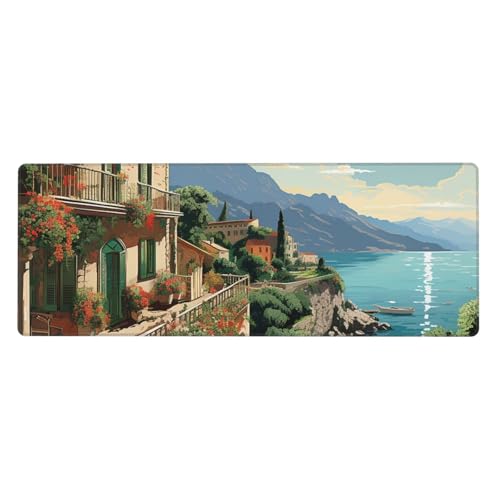 Großes Mauspad, Schreibtischunterlage, wasserdicht, mediterranes Sommer-Gaming-Mauspad mit genähten Kanten, 80 x 30 cm, rutschfeste Schreibtischunterlage für den Schreibtisch, Schreibunterlage für von SDTYKHJ
