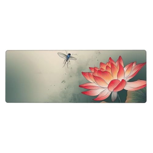 Großes Mauspad, Schreibtischunterlage, wasserdicht, mit Blume und Libelle, Gaming-Mauspad mit genähten Kanten, 80 x 30 cm, rutschfeste Schreibtischunterlage für den Schreibtisch, Schreibunterlage für von SDTYKHJ