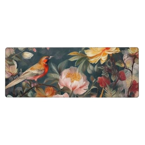 Großes Mauspad, wasserdichte Schreibtischunterlage, Blumen, Vögel, Gaming-Mauspad mit genähten Kanten, 80 x 30 cm, rutschfeste Schreibtischunterlage für den Schreibtisch, Schreibunterlage für Büro von SDTYKHJ