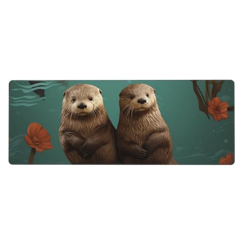 Großes Mauspad, wasserdichte Schreibtischunterlage, Otters in Love, Gaming-Mauspad mit genähten Kanten, 80 x 30 cm, rutschfeste Schreibtischunterlage für den Schreibtisch, Schreibunterlage für Büro von SDTYKHJ