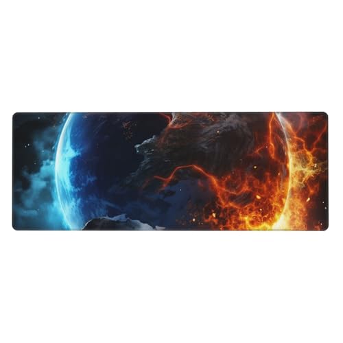 Großes Mauspad, wasserdichte Schreibtischunterlage, Planet, Eis und Feuer, Gaming-Mauspad mit genähten Kanten, 80 x 30 cm, rutschfeste Schreibtischunterlage für den Schreibtisch, Schreibunterlage für von SDTYKHJ