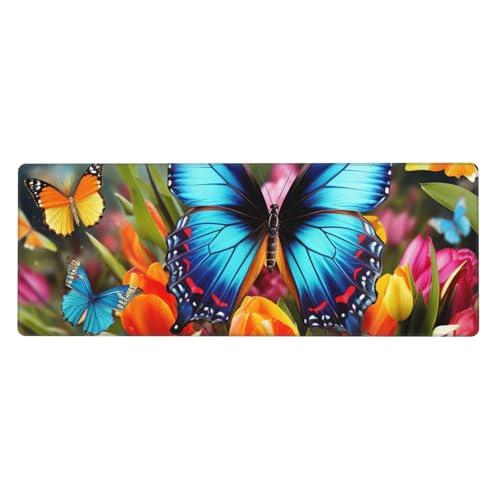 Großes Mauspad, wasserdichte Schreibtischunterlage, bunte Schmetterlinge und Blumen, Gaming-Mauspad mit genähten Kanten, 80 x 30 cm, rutschfeste Schreibtischunterlage für den Schreibtisch von SDTYKHJ