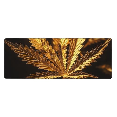 Großes Mauspad, wasserdichte Schreibtischunterlage, goldenes Cannabis, Gaming-Mauspad mit genähten Kanten, 80 x 30 cm, rutschfeste Schreibtischunterlage für den Schreibtisch, Schreibunterlage für Büro von SDTYKHJ