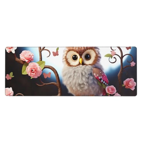 Großes Mauspad, wasserdichte Schreibtischunterlage, niedliche Eule, Baum, Blumen und Eichhörnchen, Gaming-Mauspad mit genähten Kanten, 80 x 30 cm, rutschfeste Schreibtischunterlage für den von SDTYKHJ