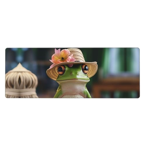 Großes Mauspad, wasserdichte Schreibtischunterlage, niedlicher Frosch im Hut, Gaming-Mauspad mit genähten Kanten, 80 x 30 cm, rutschfeste Schreibtischunterlage für den Schreibtisch, Schreibunterlage von SDTYKHJ