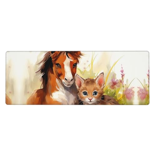 Großes Mauspad, wasserdichte Schreibtischunterlage, niedliches Pferd und Katze, Gaming-Mauspad mit genähten Kanten, 80 x 30 cm, rutschfeste Schreibtischunterlage für den Schreibtisch, Schreibunterlage von SDTYKHJ