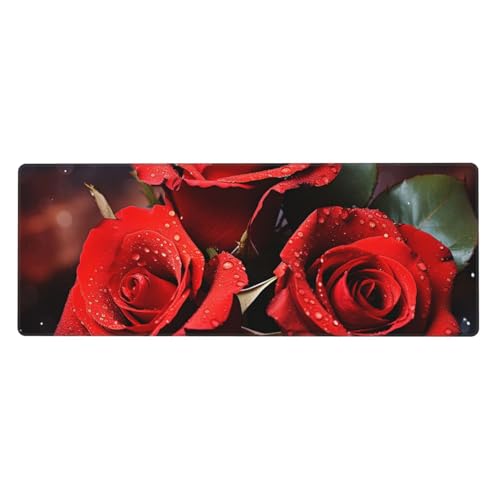Großes Mauspad, wasserdichte Schreibtischunterlage, romantische rote Rosen, Gaming-Mauspad mit genähten Kanten, 80 x 30 cm, rutschfeste Schreibtischunterlage für den Schreibtisch, Schreibunterlage für von SDTYKHJ
