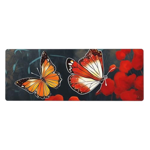 Großes Mauspad, wasserdichte Schreibtischunterlage, rote Blumen und Schmetterlinge, Gaming-Mauspad mit genähten Kanten, 80 x 30 cm, rutschfeste Schreibtischunterlage für den Schreibtisch von SDTYKHJ