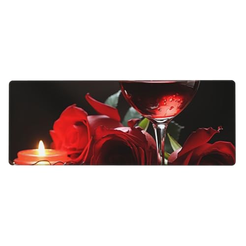 Großes Mauspad, wasserdichte Schreibtischunterlage, rote Rose, Weinglas und Kerze, Gaming-Mauspad mit genähten Kanten, 80 x 30 cm, rutschfeste Schreibtischunterlage für den Schreibtisch für Büro von SDTYKHJ