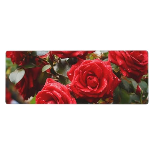 Großes Mauspad, wasserdichte Schreibtischunterlage, rote Rosen, Busch im Garten, Gaming-Mauspad mit genähten Kanten, 80 x 30 cm, rutschfeste Schreibtischunterlage für den Schreibtisch für Büro von SDTYKHJ