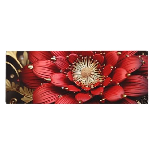 Großes Mauspad, wasserdichte Schreibtischunterlage, rotgoldene Blume, Gaming-Mauspad mit genähten Kanten, 80 x 30 cm, rutschfeste Schreibtischunterlage für den Schreibtisch, Schreibunterlage für Büro von SDTYKHJ