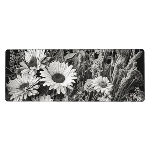 Großes Mauspad, wasserdichte Schreibtischunterlage, schwarz-weiße Blumen, Gaming-Mauspad mit genähten Kanten, 80 x 30 cm, rutschfeste Schreibtischunterlage für den Schreibtisch, Schreibunterlage für von SDTYKHJ