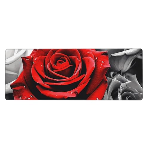 Großes Mauspad, wasserdichte Schreibtischunterlage, schwarz-weiße und rote Rosen, Gaming-Mauspad mit genähten Kanten, 80 x 30 cm, rutschfeste Schreibtischunterlage für den Schreibtisch von SDTYKHJ