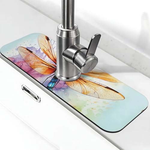 Küchenspüle, Spritzschutz, Wasserhahnmatte, 38,1 x 14 cm, super saugfähig, schnell trocknend, Libelle, Aquarell, Malerei, Wasserhahn, Abtropfmatte, Spritzschutz hinter dem Wasserhahn, Tropffänger für von SDTYKHJ
